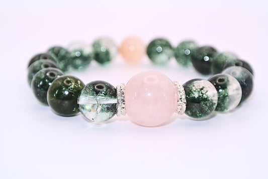 天然水晶手鍊~生命靈數6~綠幽靈與粉水晶能量手串 10mm